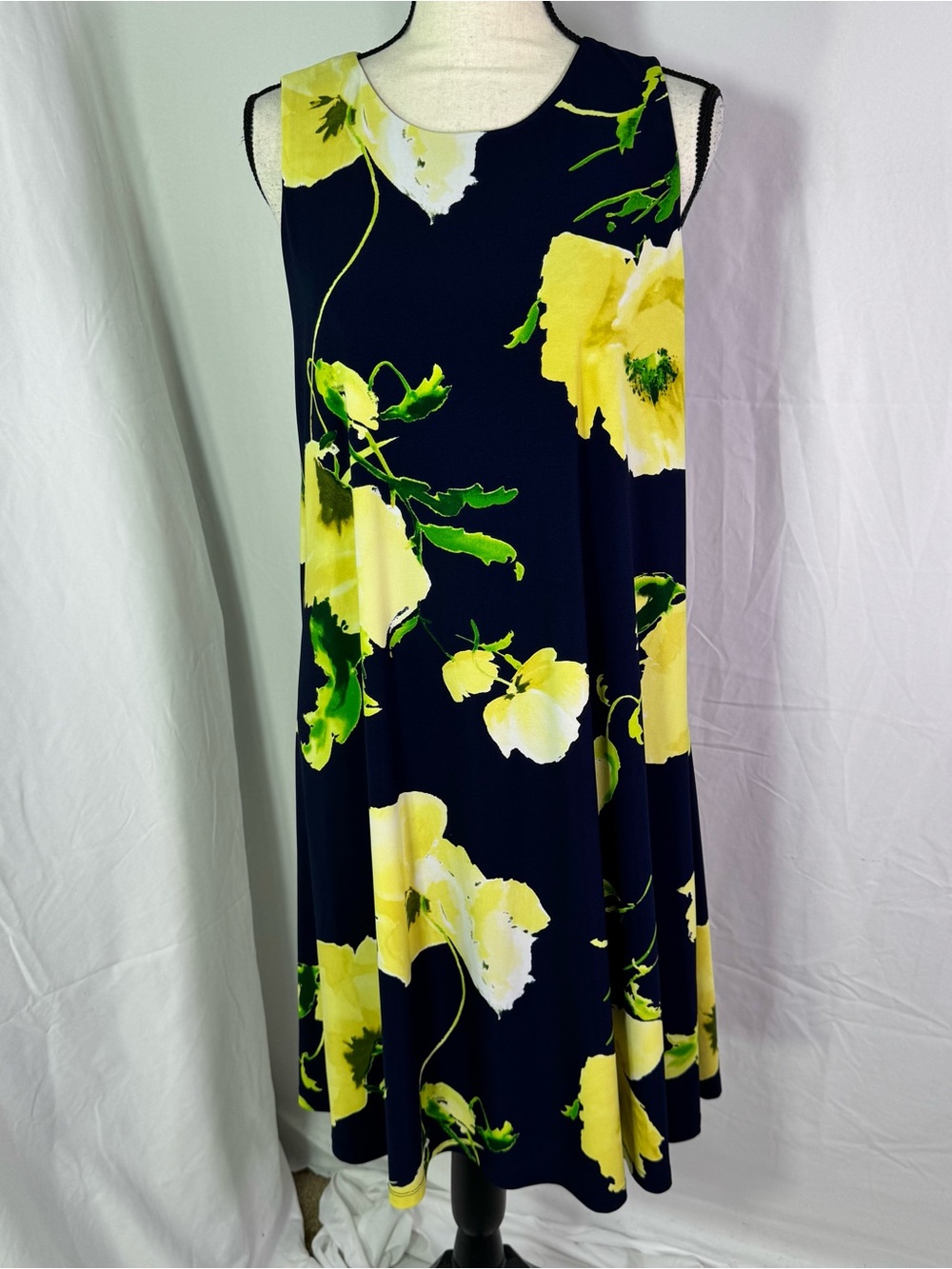 Anne Klein XL Navy Yellow Floral Shift Dress Sleeveless Midi Career
